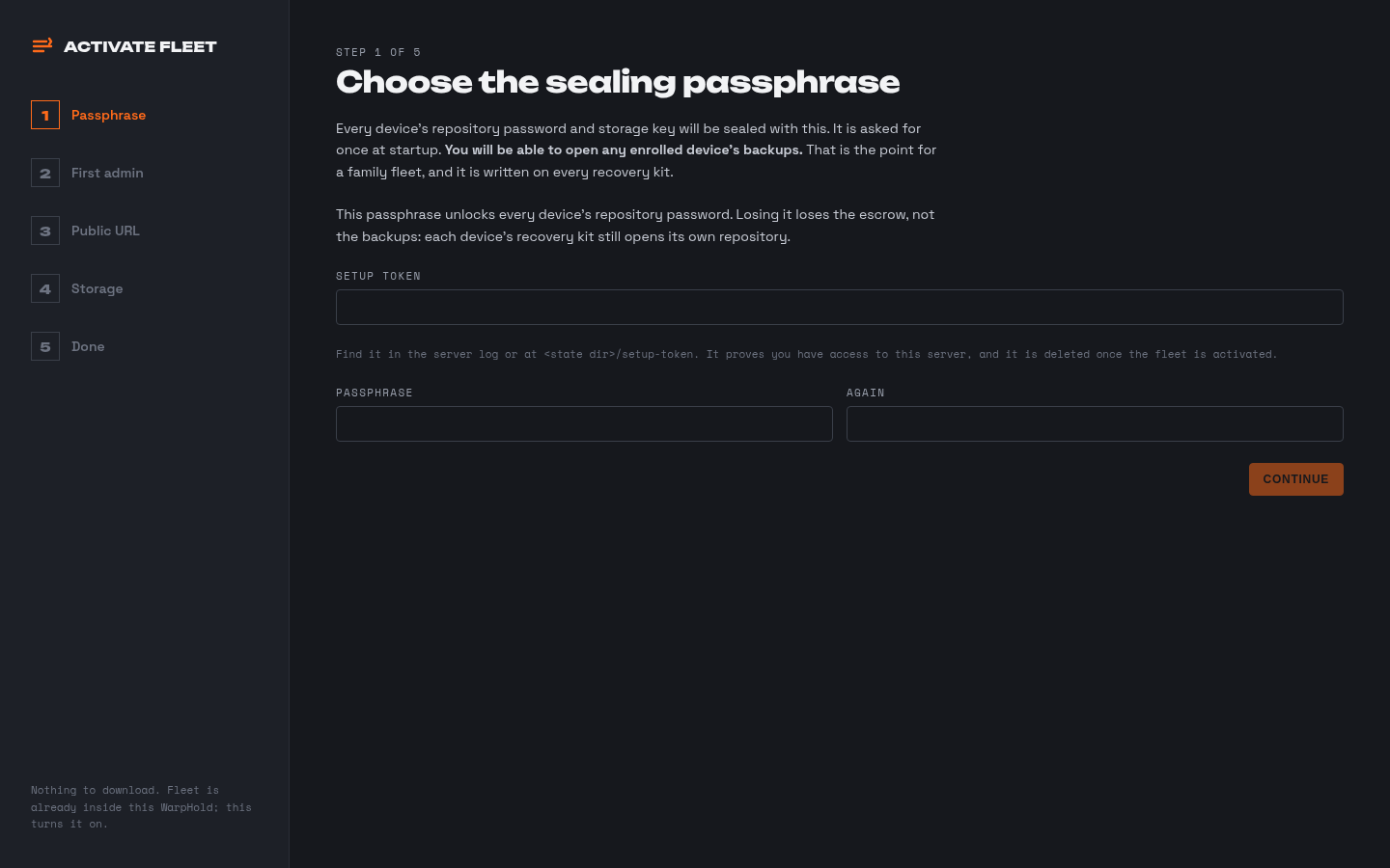 Activation step one: entering the setup token and choosing the sealing passphrase.