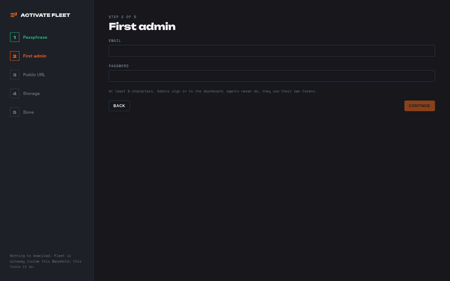 Activation step two: creating the first admin account.