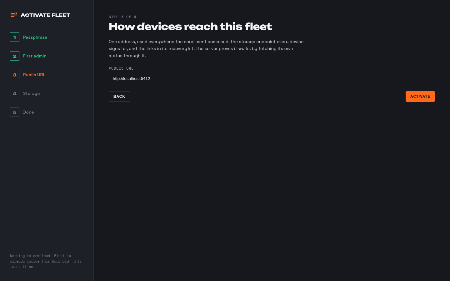 Activation step three: confirming the public URL devices and browsers reach this fleet on.