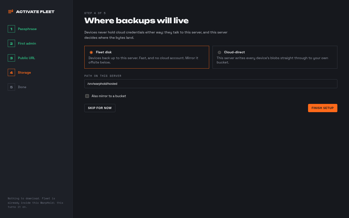 Activation step four: choosing where the backups will be stored.