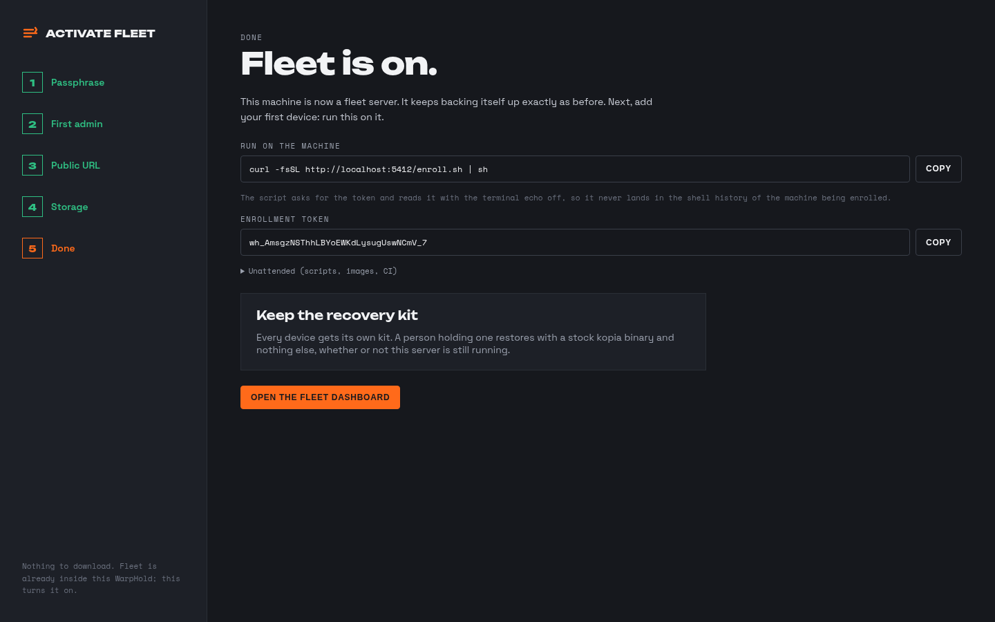 Activation step five: the fleet is running, with the first enrollment command.