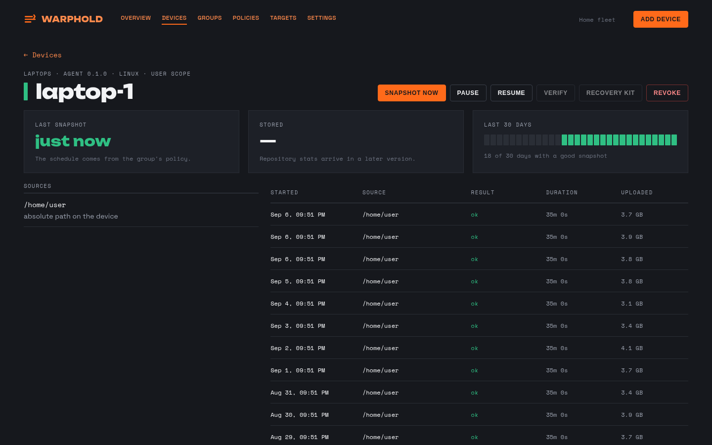 One device page with its sources, recent runs and the commands an admin can send it.