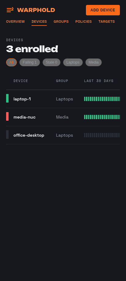 The devices list on a phone-sized screen, one device per row with health and last backup.