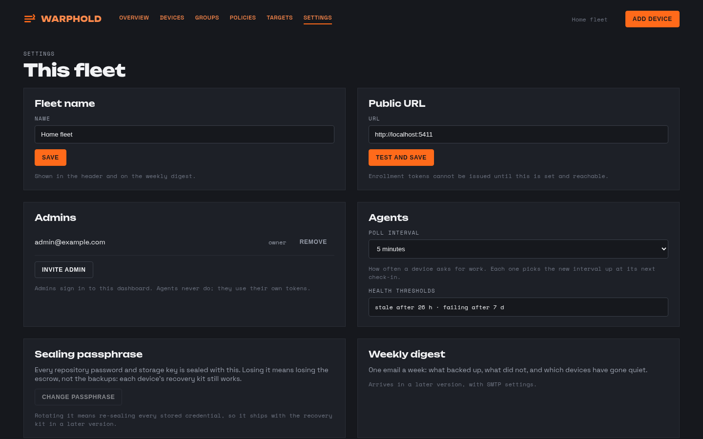 Fleet settings: fleet name, poll interval and the admin accounts.
