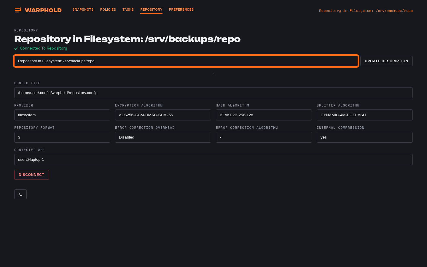 The repository screen showing the connected storage, its encryption and its stored size.