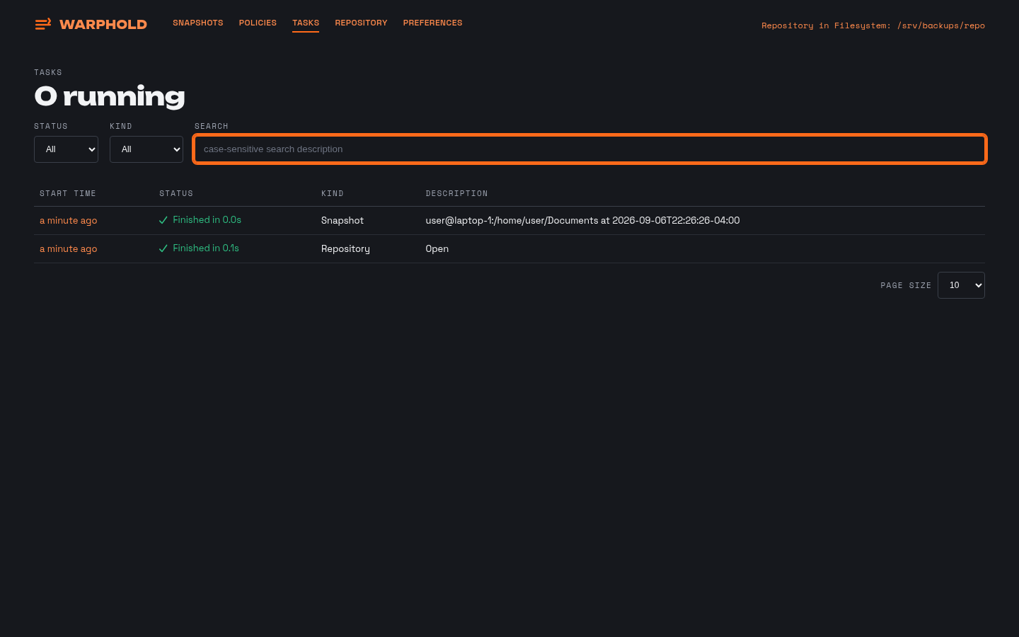 The tasks list showing recent engine runs with status and duration.